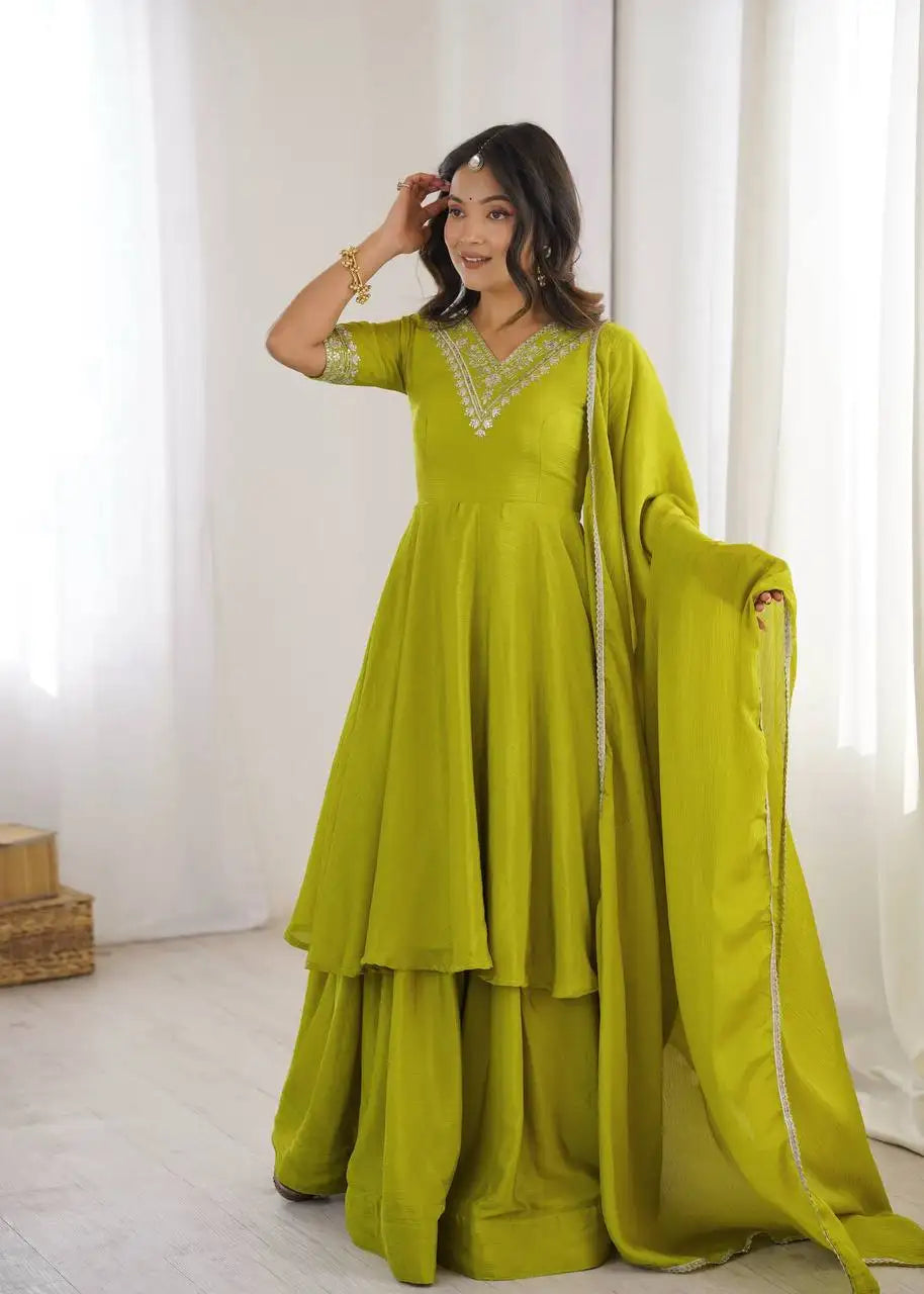 Android Green Sequins Embroidered Anarkali Suit Full Front View – KU259