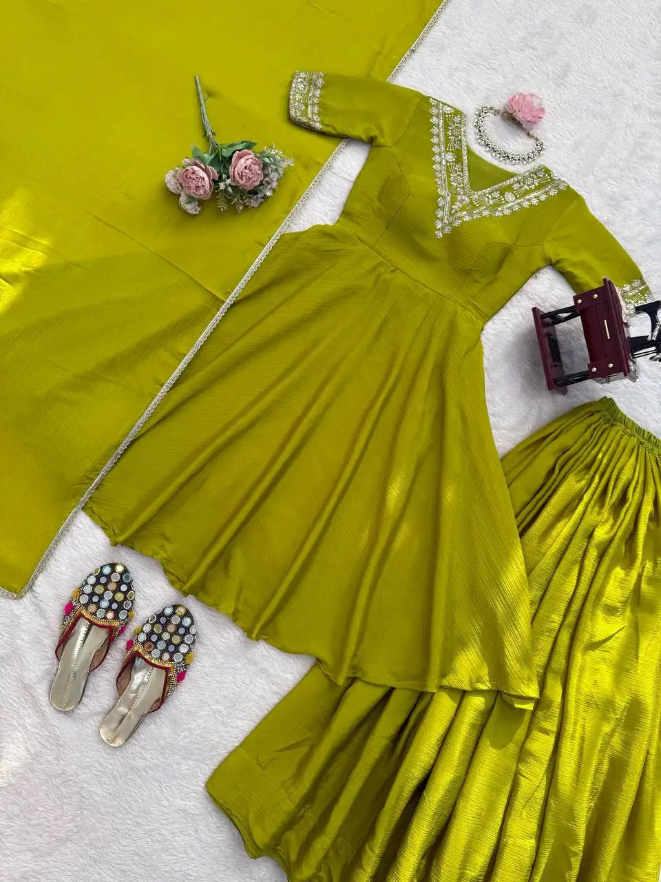 Android Green Chinon Silk Suit Set Flat Lay with Juttis – KU259