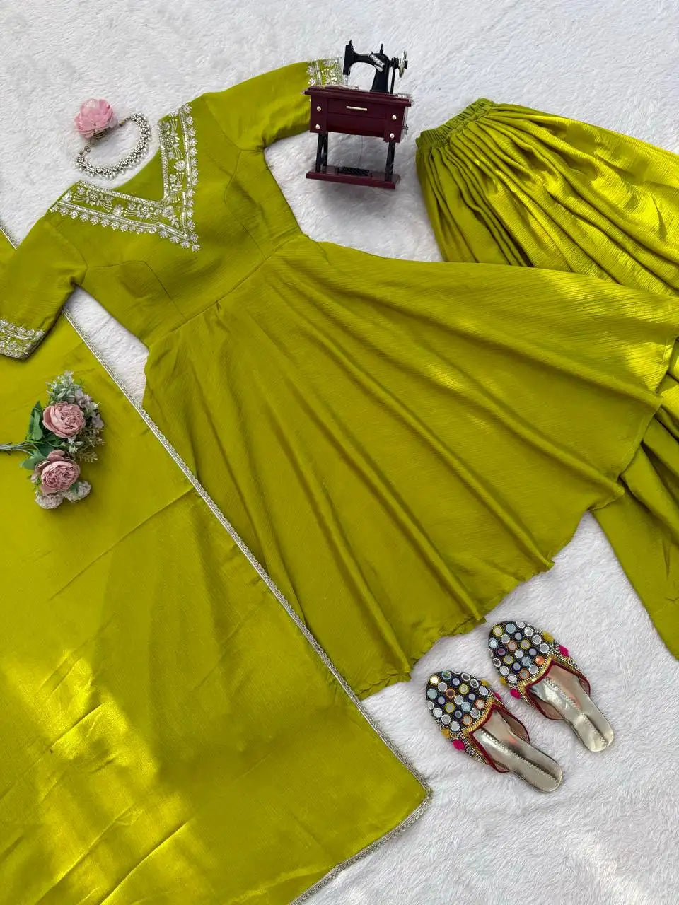Android Green Suit Close-Up Flat Lay Showing Neckline Embroidery and Palazzo – KU259