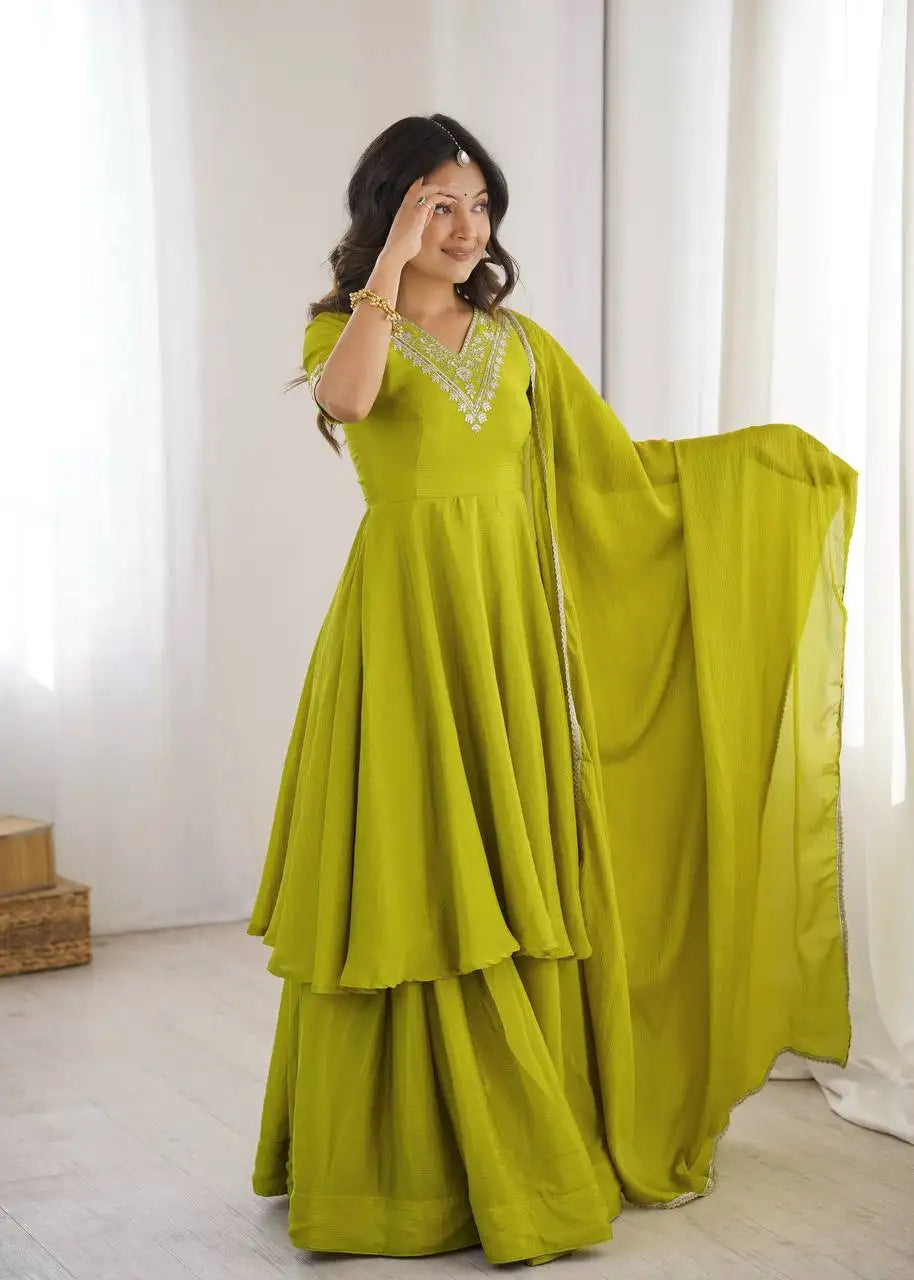 Android Green Chinon Silk Anarkali Suit Front Full Length – KU259