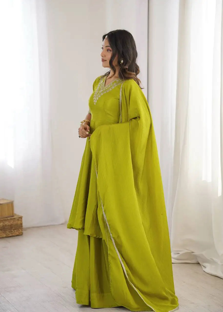 Android Green Anarkali Palazzo Suit Side View Showing Silhouette – KU259