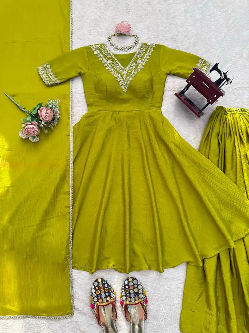 Android Green Suit Palazzo Dupatta Flat Lay All 3 Pieces – KU259