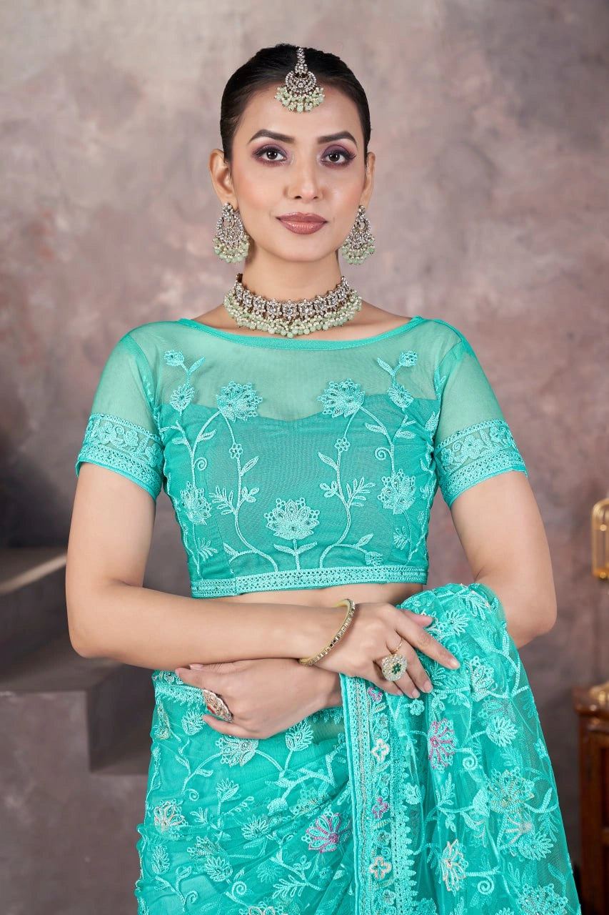 Aqua Blue Embroidered Saree Detail | Butterfly Net | KS390 | Kalyanja