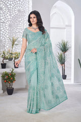 Aqua Blue Thread Embroidered Saree | Tissue Net | KS389 | Kalyanja