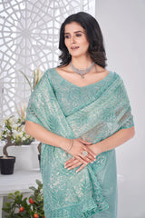Aqua Blue Thread Embroidered Saree Side View | Tissue Net | KS389 | Kalyanja