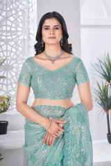 Aqua Blue Thread Embroidered Saree Party Wear | Tissue Net | KS389 | Kalyanja