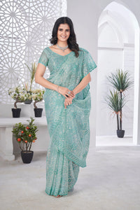 Aqua Blue Thread Embroidered Saree – Tissue Net, Party Wear
