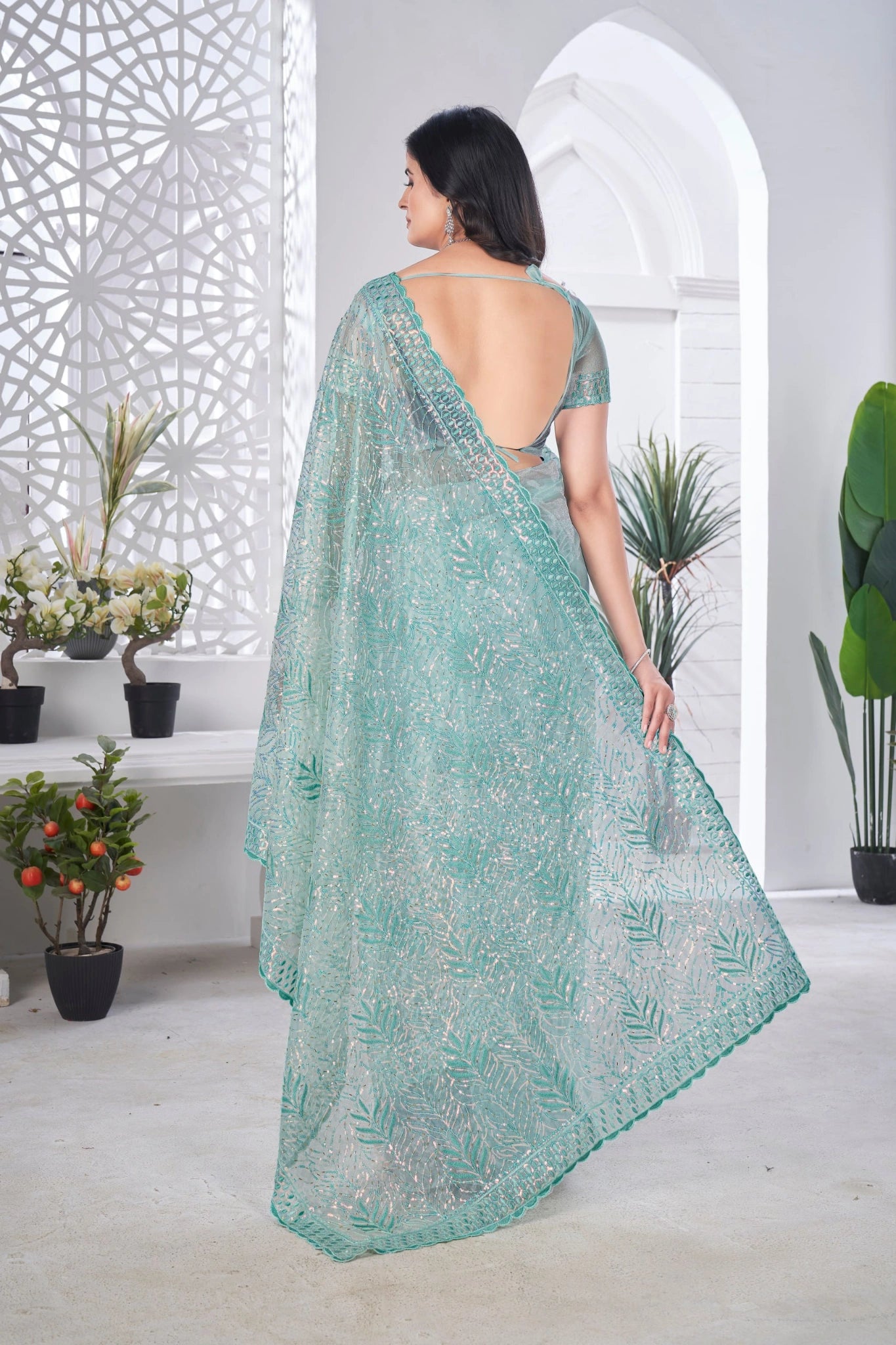 Aqua Blue Thread Embroidered Saree Back View | Tissue Net | KS389 | Kalyanja