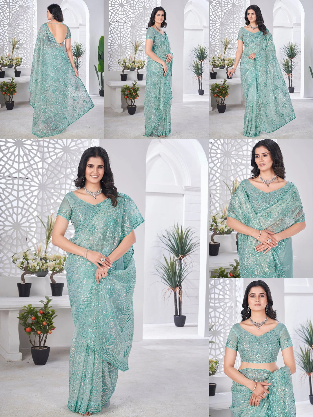 Aqua Blue Thread Embroidered Saree Collage | Tissue Net | KS389 | Kalyanja
