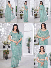 Aqua Blue Thread Embroidered Saree Collage | Tissue Net | KS389 | Kalyanja