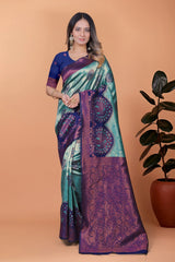 Aqua Blue Zari Weaving Saree – front view – KS396