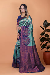 Aqua Blue Zari Weaving Saree – side view – KS396