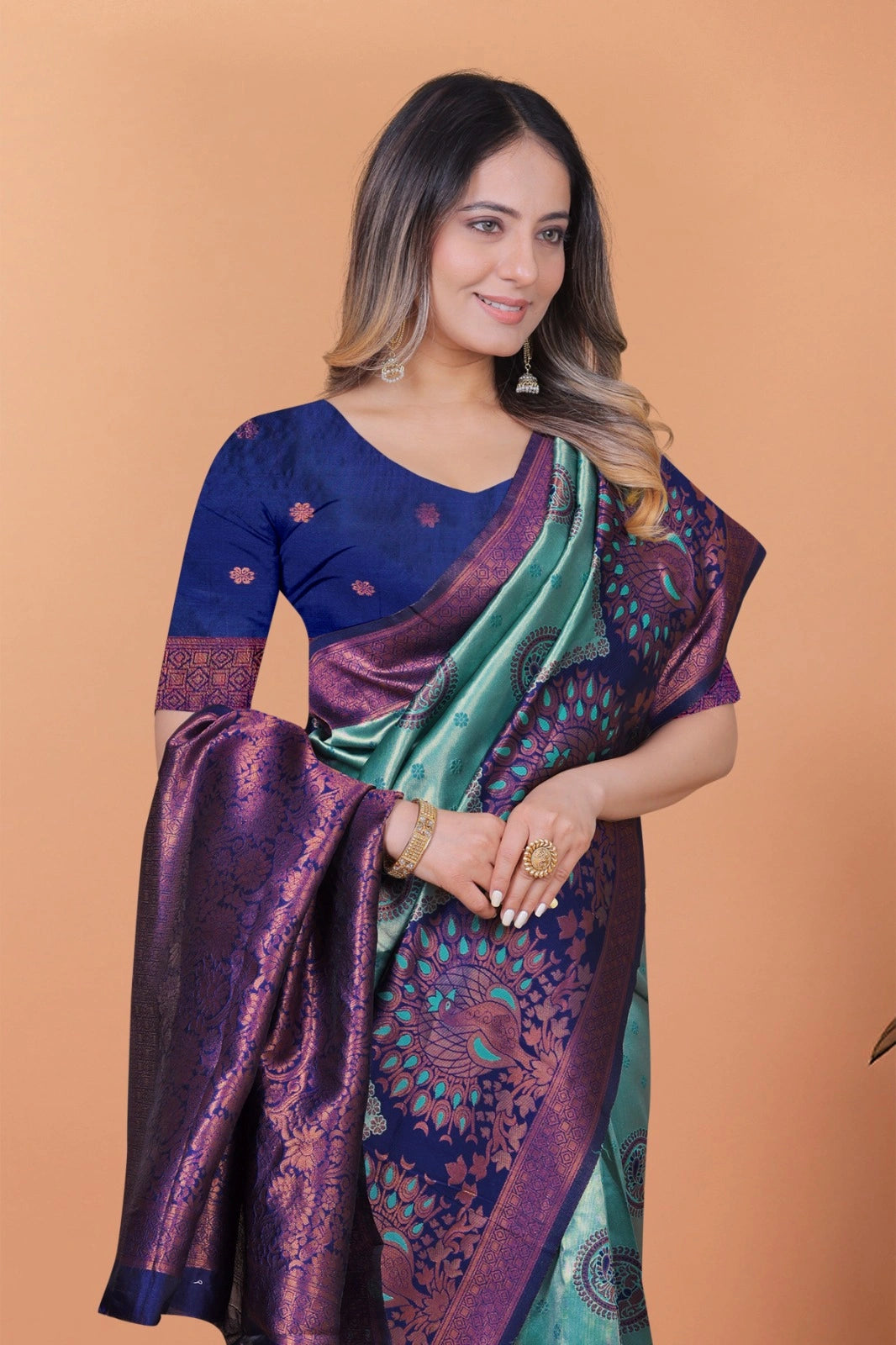 Aqua Blue Zari Weaving Saree – back pallu view – KS396