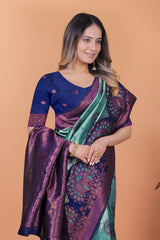 Aqua Blue Zari Weaving Saree – back pallu view – KS396
