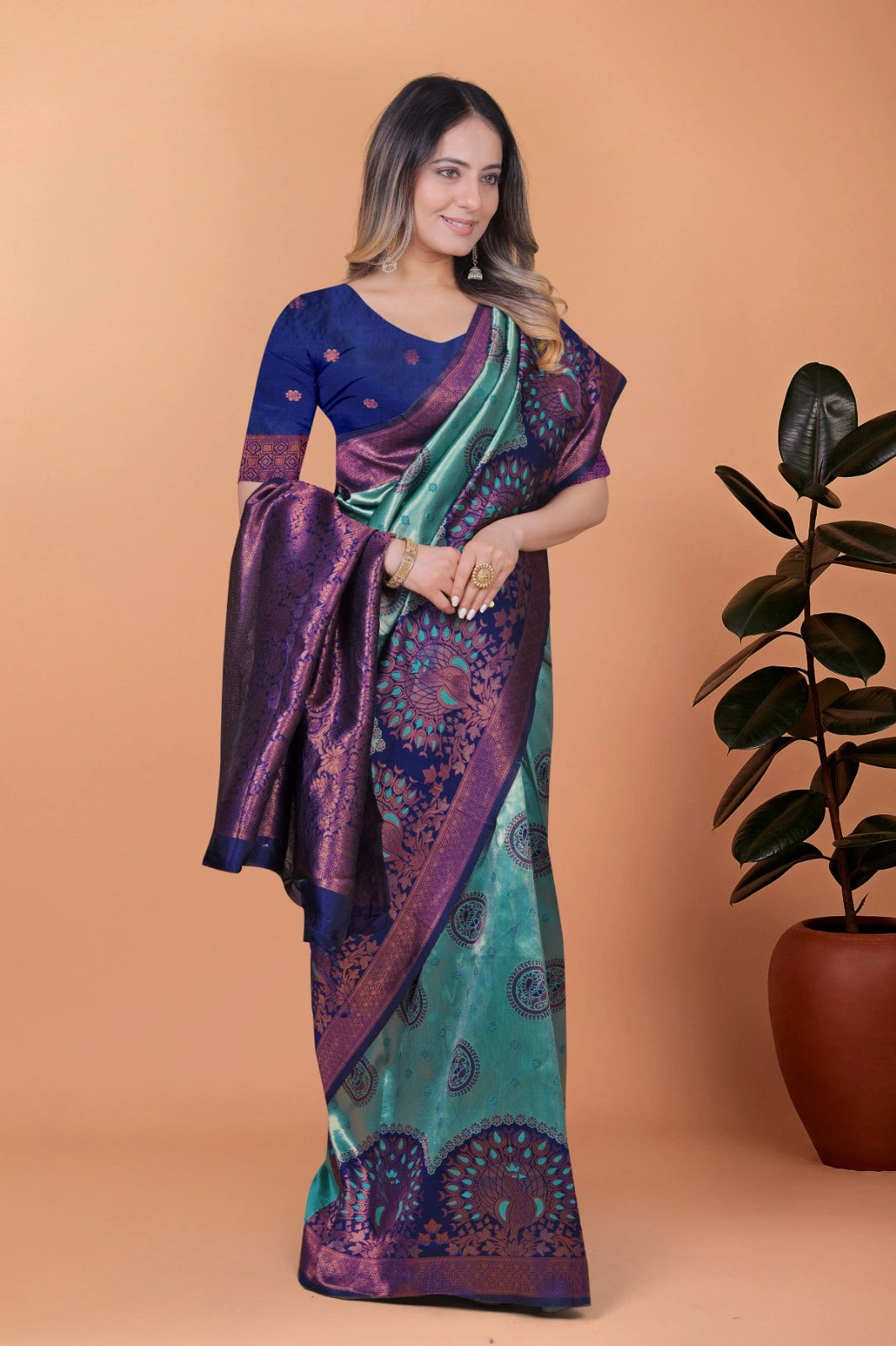 Aqua Blue Zari Weaving Saree – 3/4 view – KS396