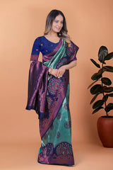 Aqua Blue Zari Weaving Saree – 3/4 view – KS396