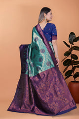 Aqua Blue Zari Weaving Saree – Contrast Border close-up – KS396
