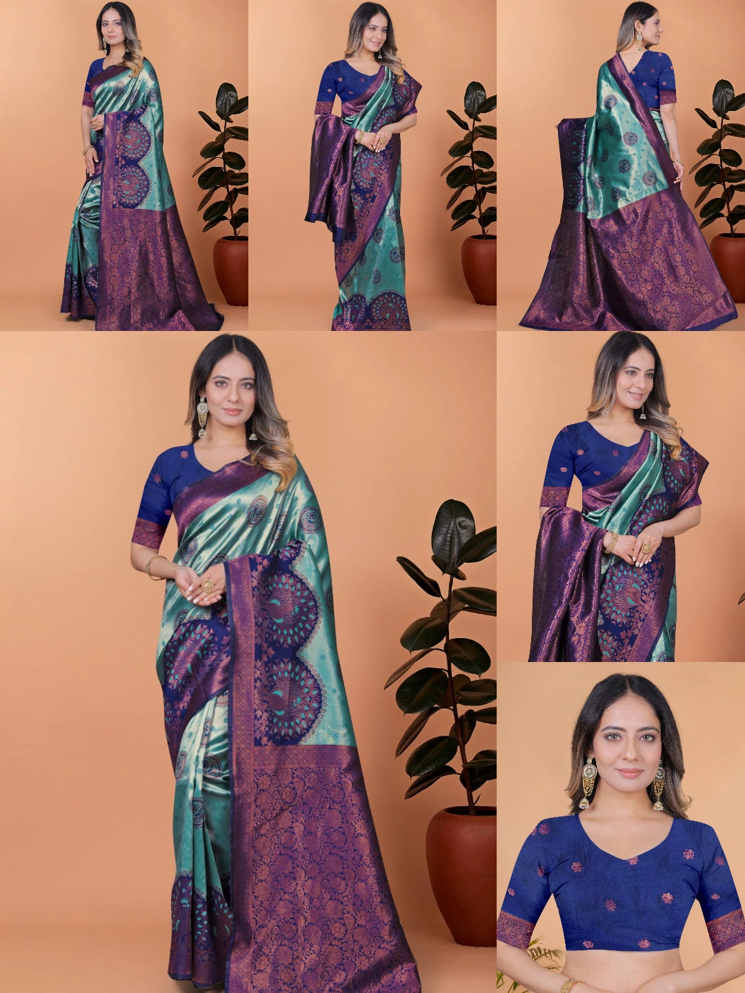 Aqua Blue Zari Weaving Saree – all angles – KS396