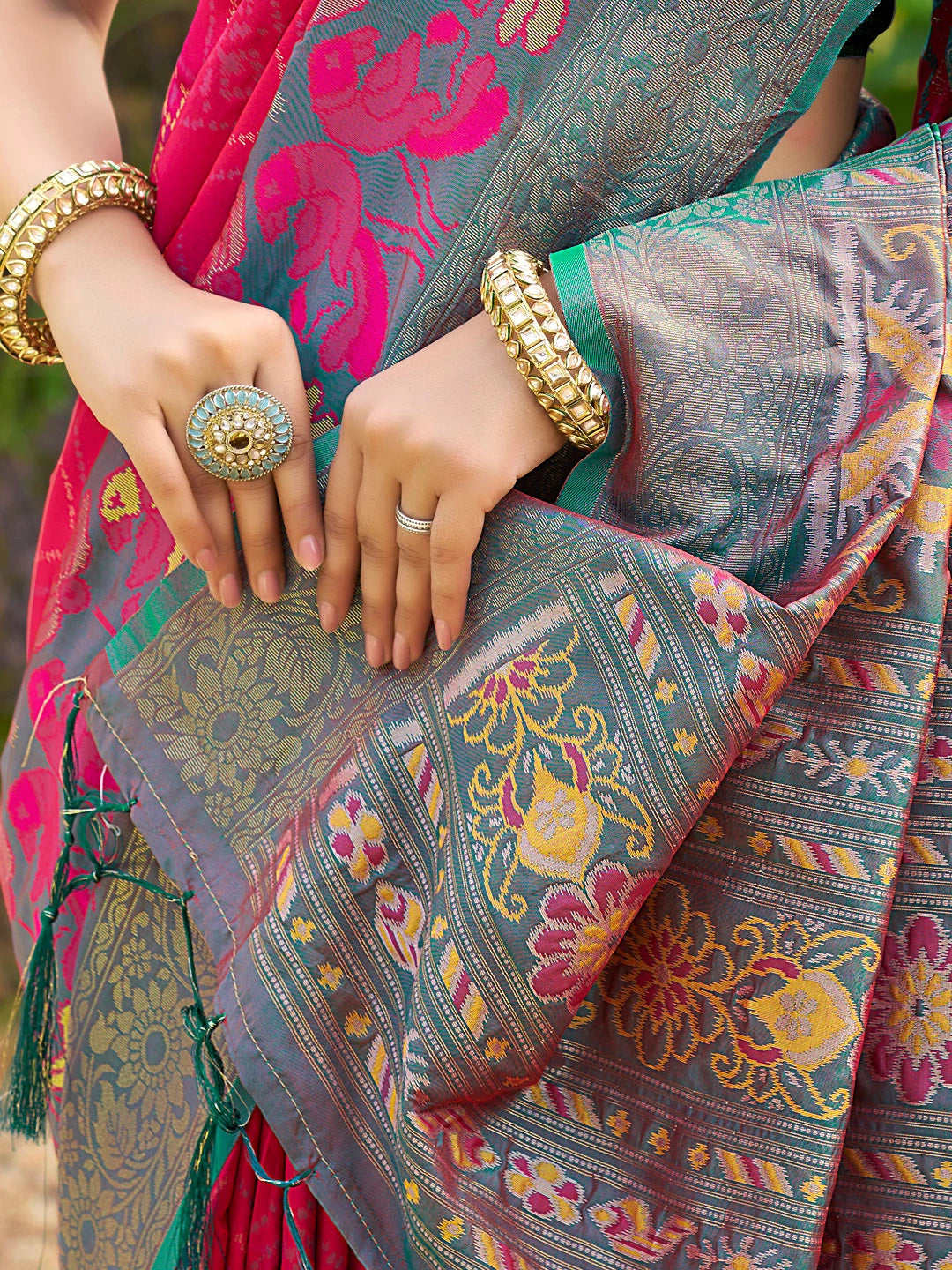 Dark Pink Banarasi Weaving Pochampalli Soft Silk Saree Kalyanja Fashion