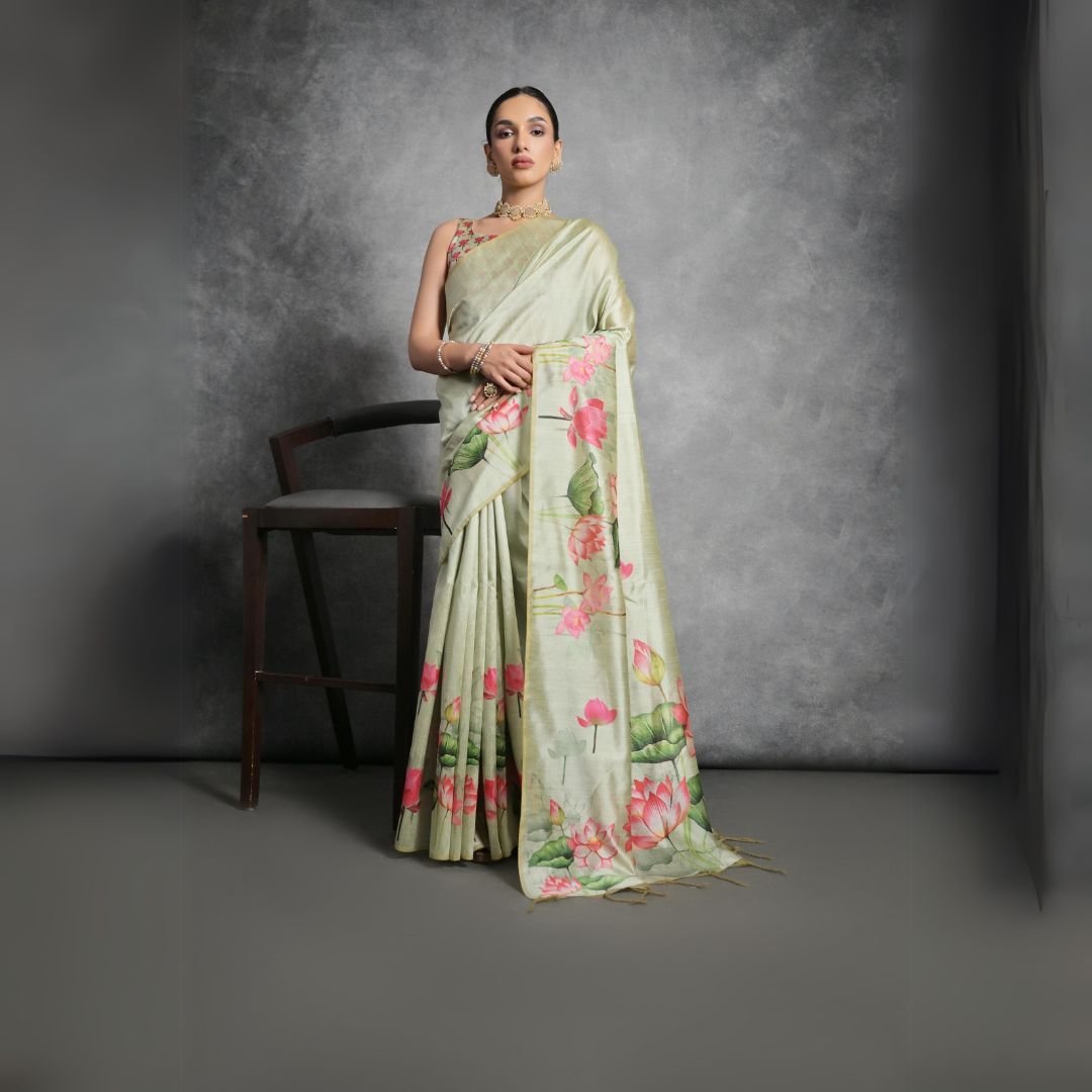 Pista Floral Printed Soft Tussar Silk Saree