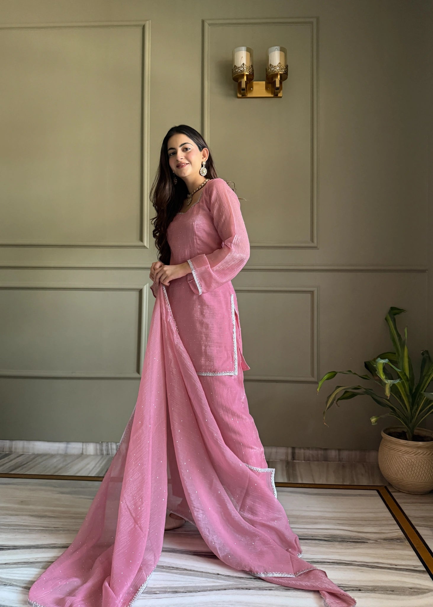 Baby pink Swarovski diamond work suit - model with dupatta