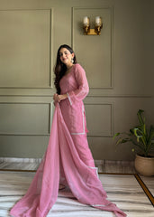 Baby pink Swarovski diamond work suit - model with dupatta