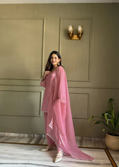 Baby pink suit with lace border dupatta - side pose