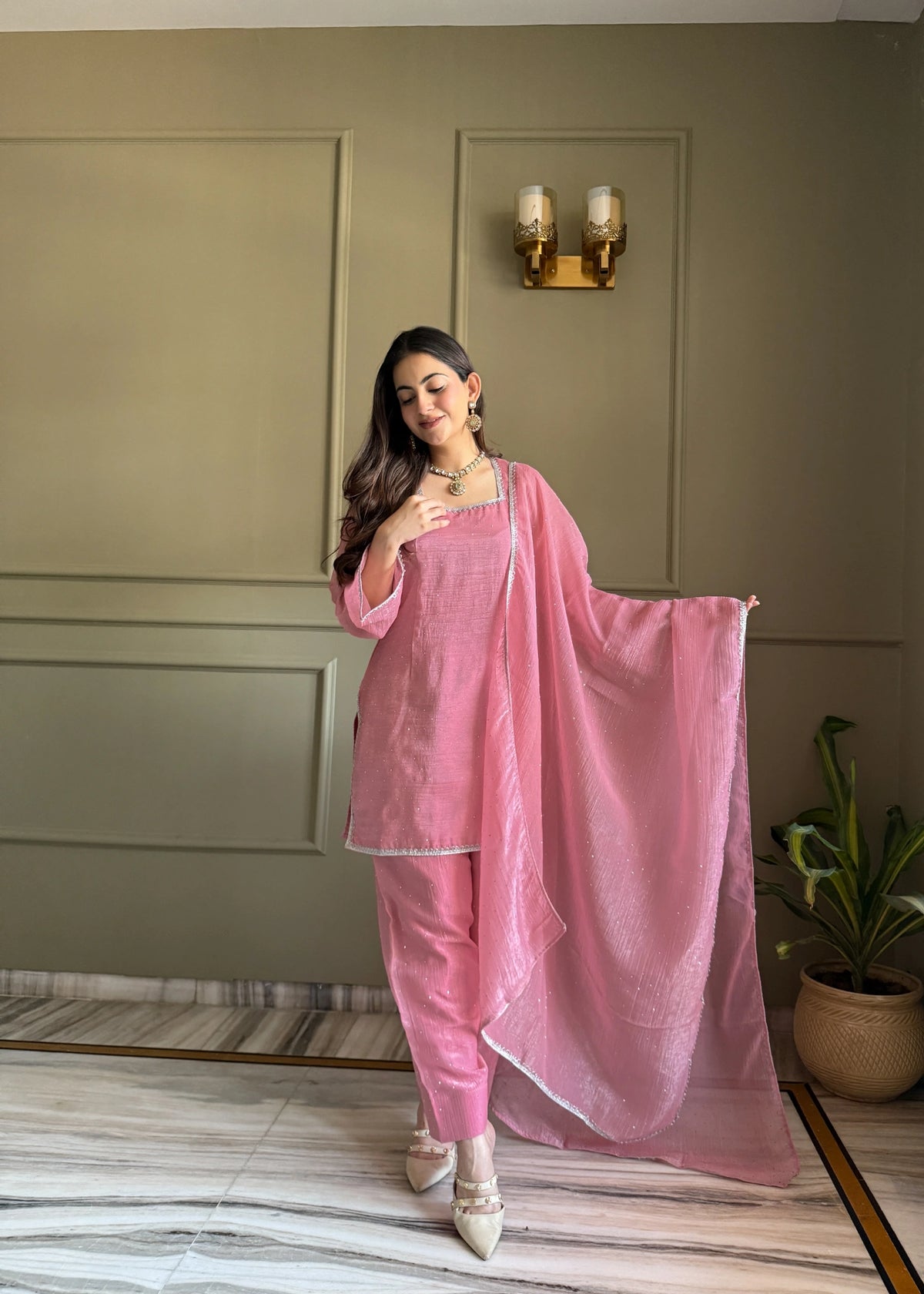 Baby pink diamond work suit - dupatta draped