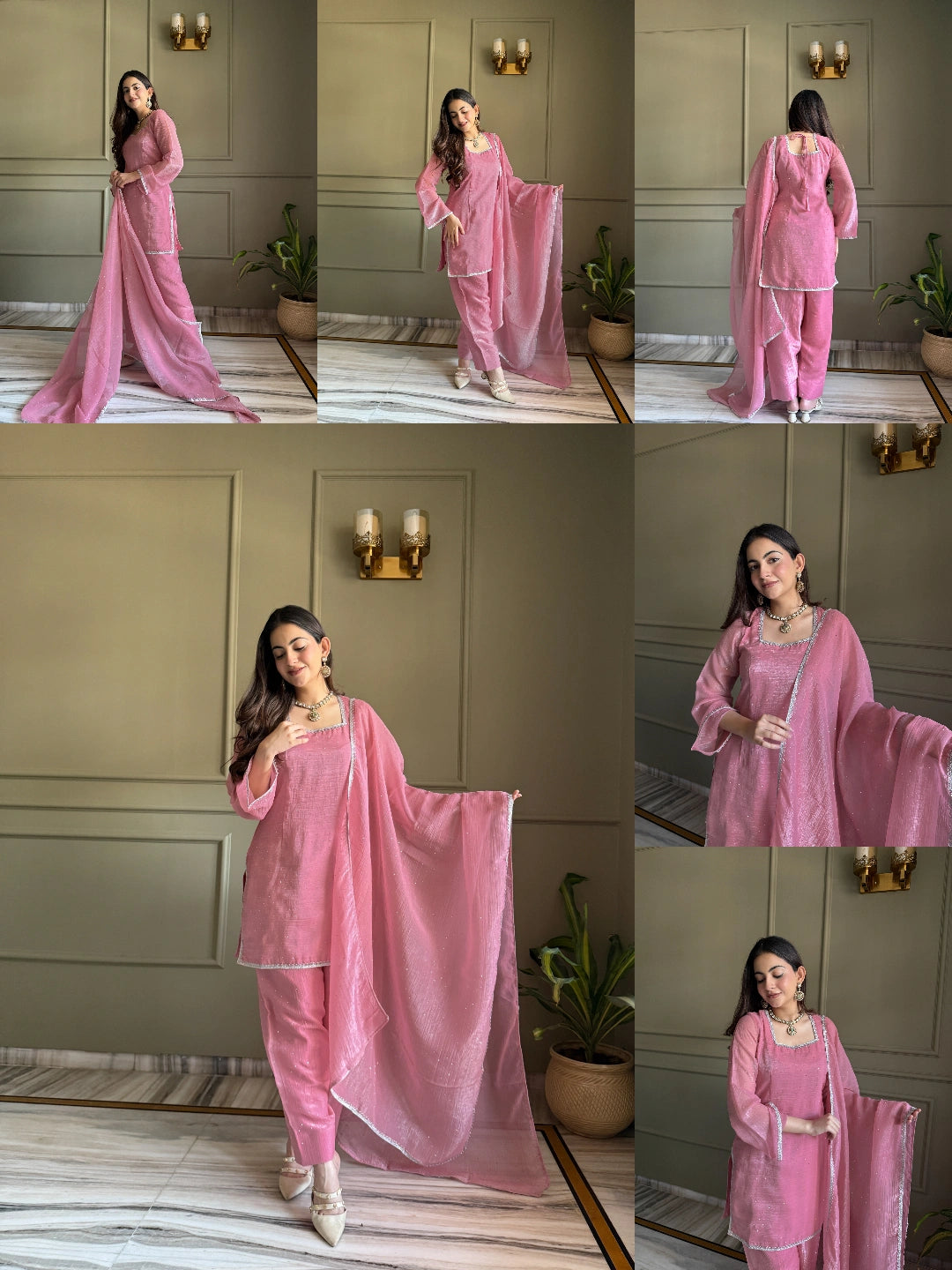 Baby pink Swarovski diamond work suit - multiple poses