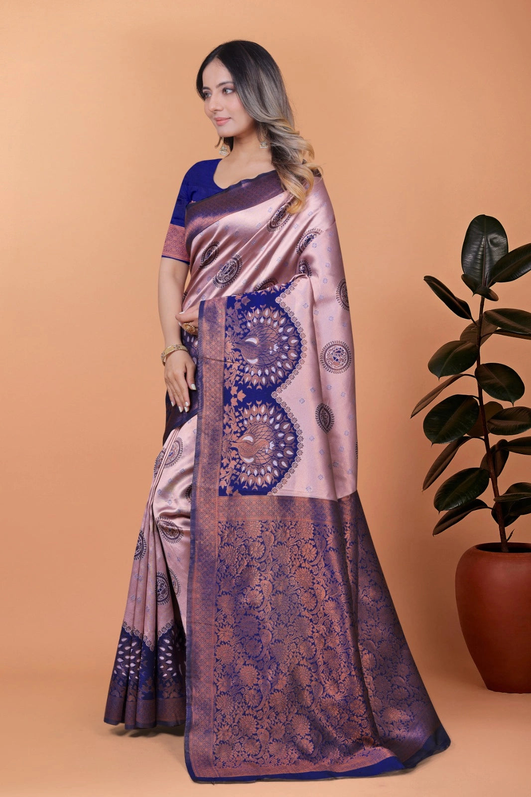 Baby Pink Zari Weaving Saree – front view – KS396