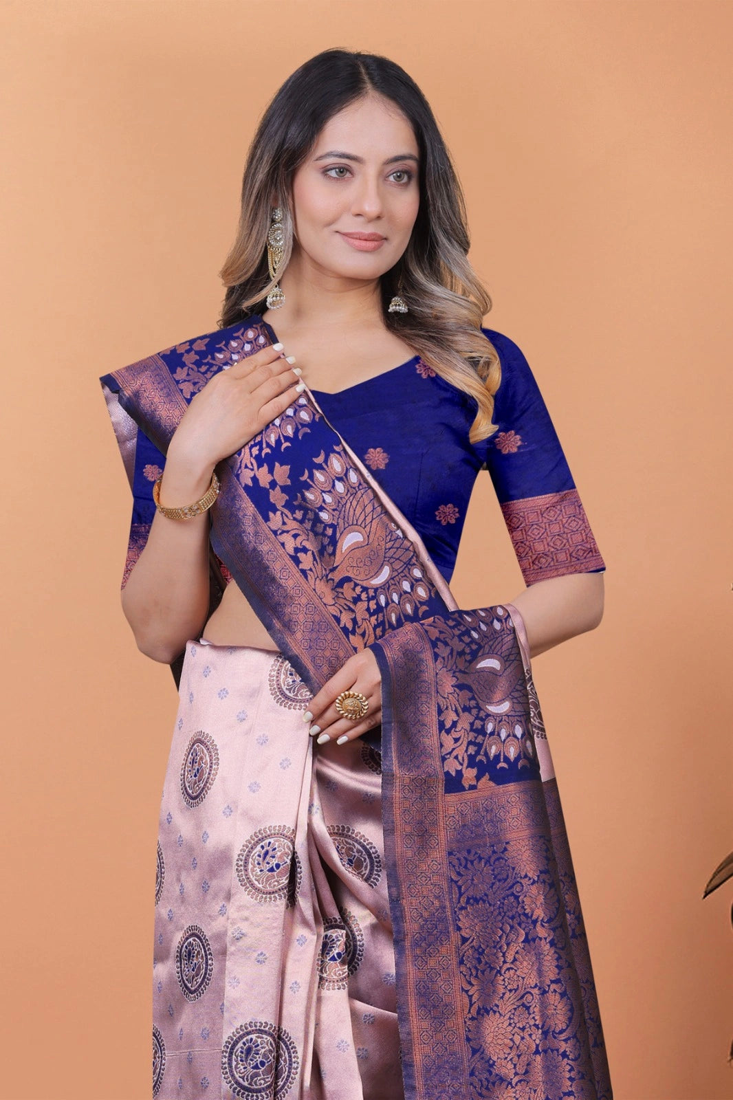 Baby Pink Zari Weaving Saree – side view – KS396