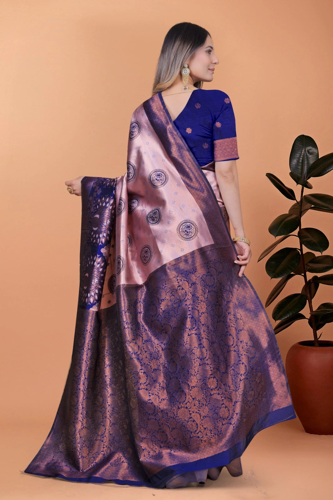 Baby Pink Zari Weaving Saree – 3/4 view – KS396