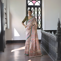 Beige & Dark Green Madhubani Printed Soft Tussar Silk Saree