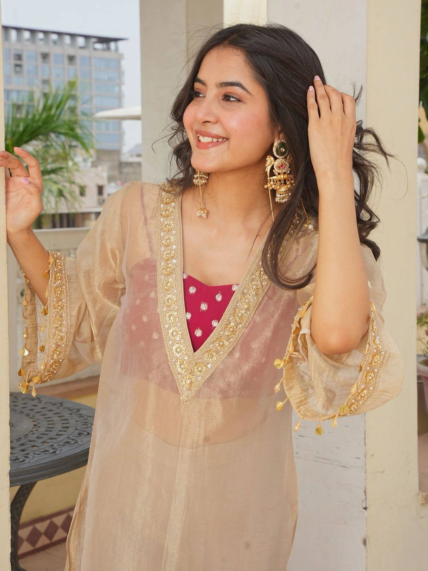 Beige Coding Sequins Embroidered Suit V-neck and sleeve cuff detail on model