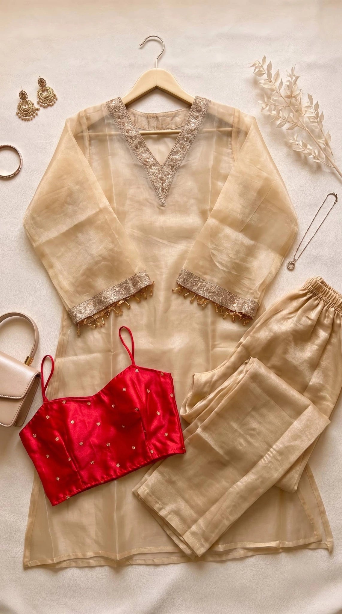 Beige Coding Sequins Embroidered with Patch Work Suit flat lay with palazzo and crop top