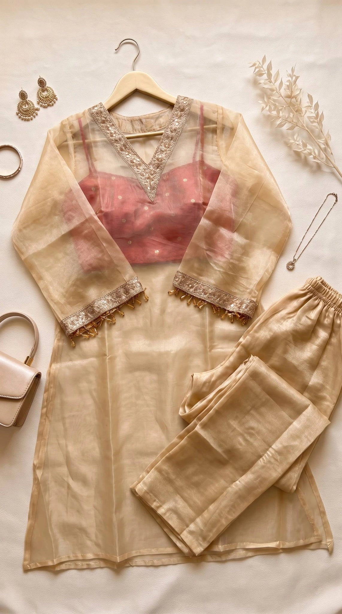 Beige soft tissue suit set flat lay with kurta, palazzo and crop top