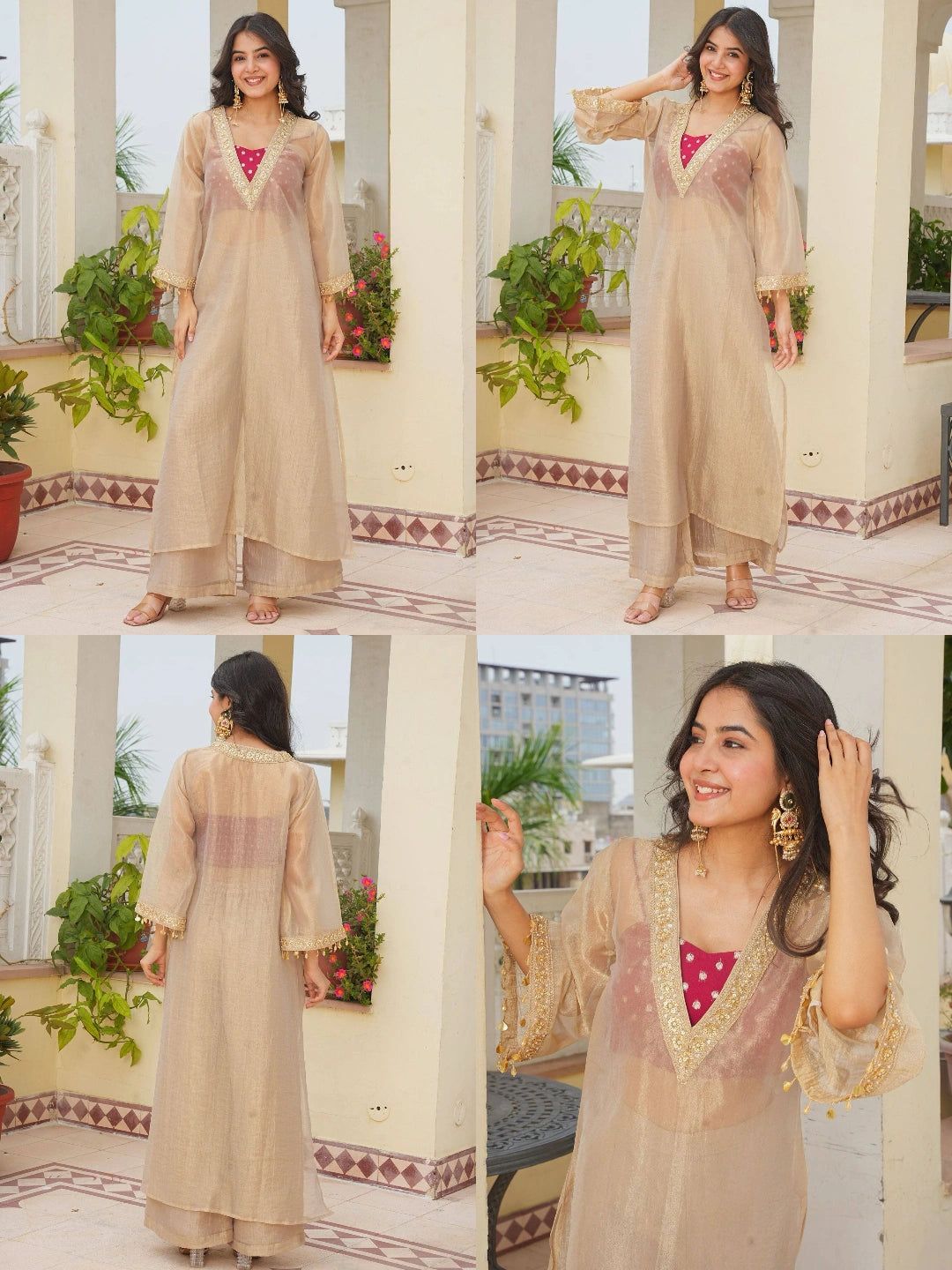 Beige Coding Sequins Embroidered with Patch Work Suit styling collage