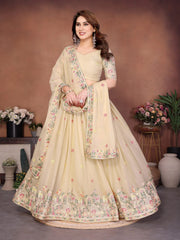 Beige Embroidered Cut Work Lehenga standing full length view – Kalyanja KL171