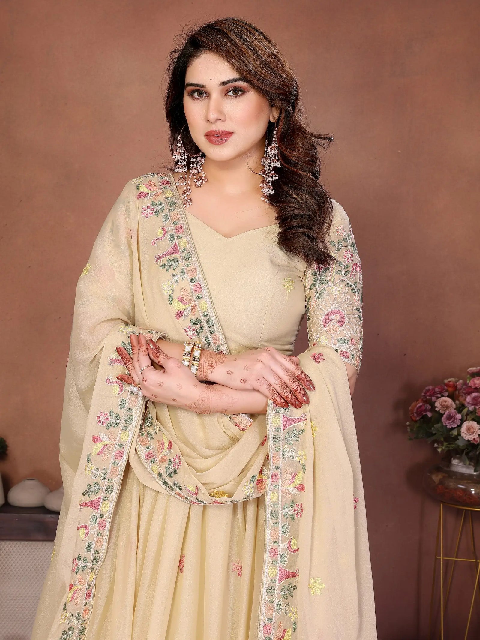 Beige Cut Work Lehenga editorial portrait pose – Kalyanja KL171