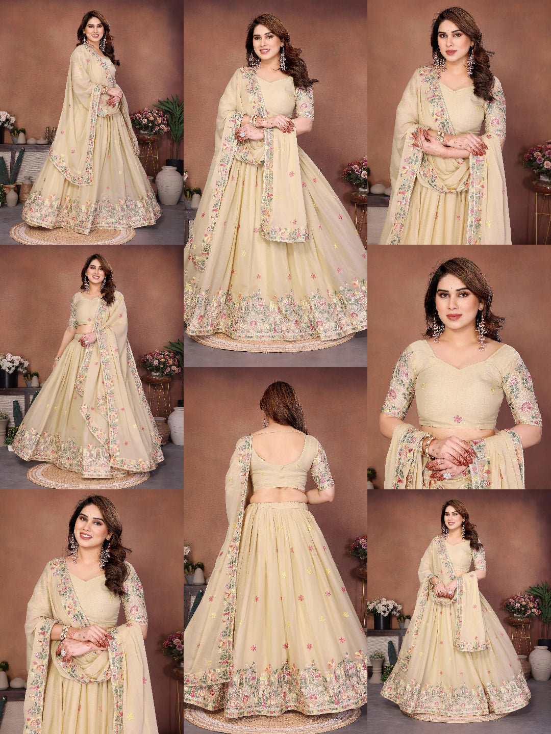 Beige Embroidered Cut Work Lehenga product collage – Kalyanja KL171