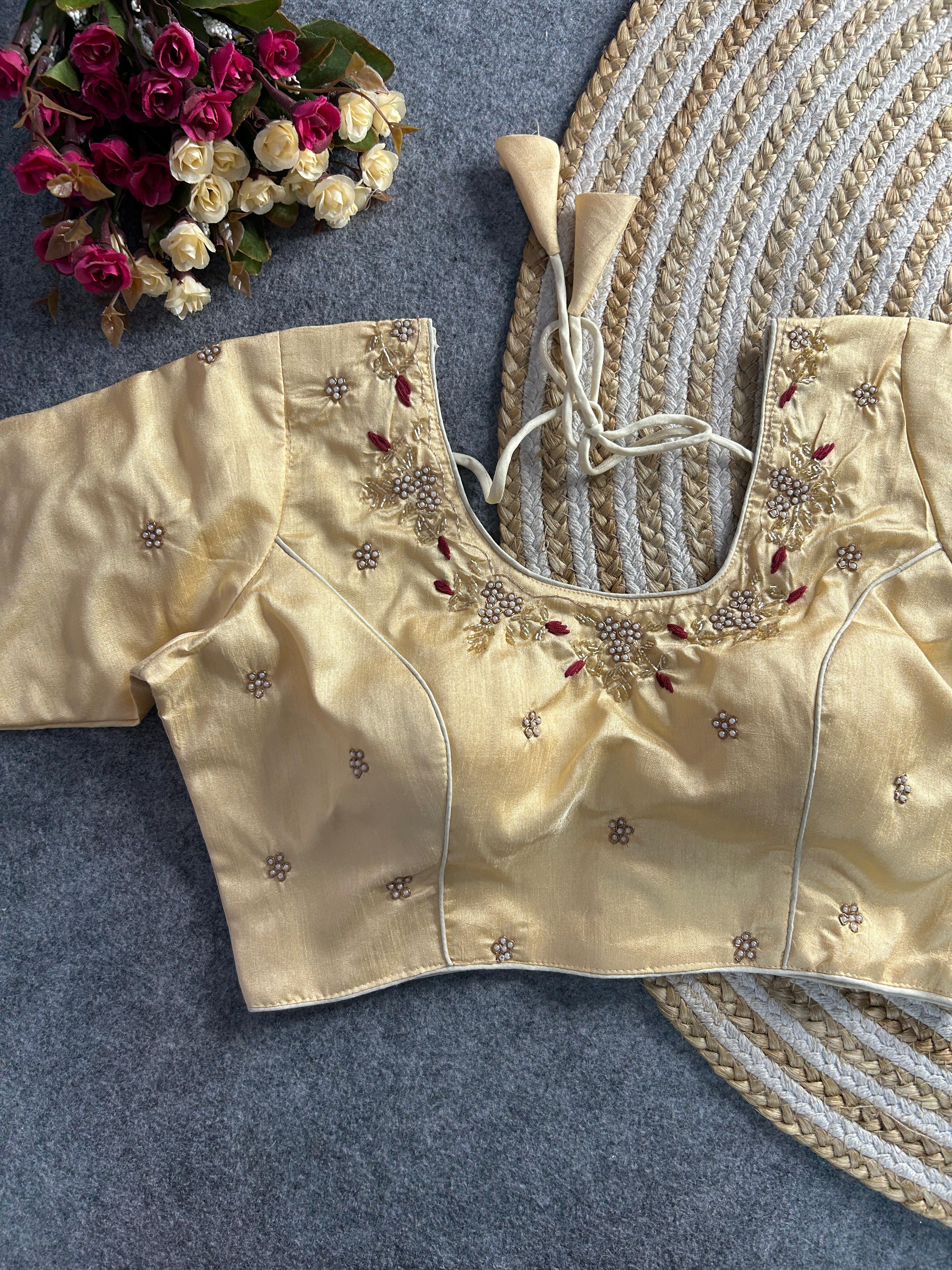 Beige floral embroidery Banglori silk blouse with intricate design, ideal for traditional and festive occasions.