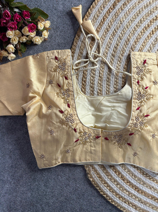 Beige floral embroidery Banglori silk blouse with intricate design, ideal for traditional and festive occasions.