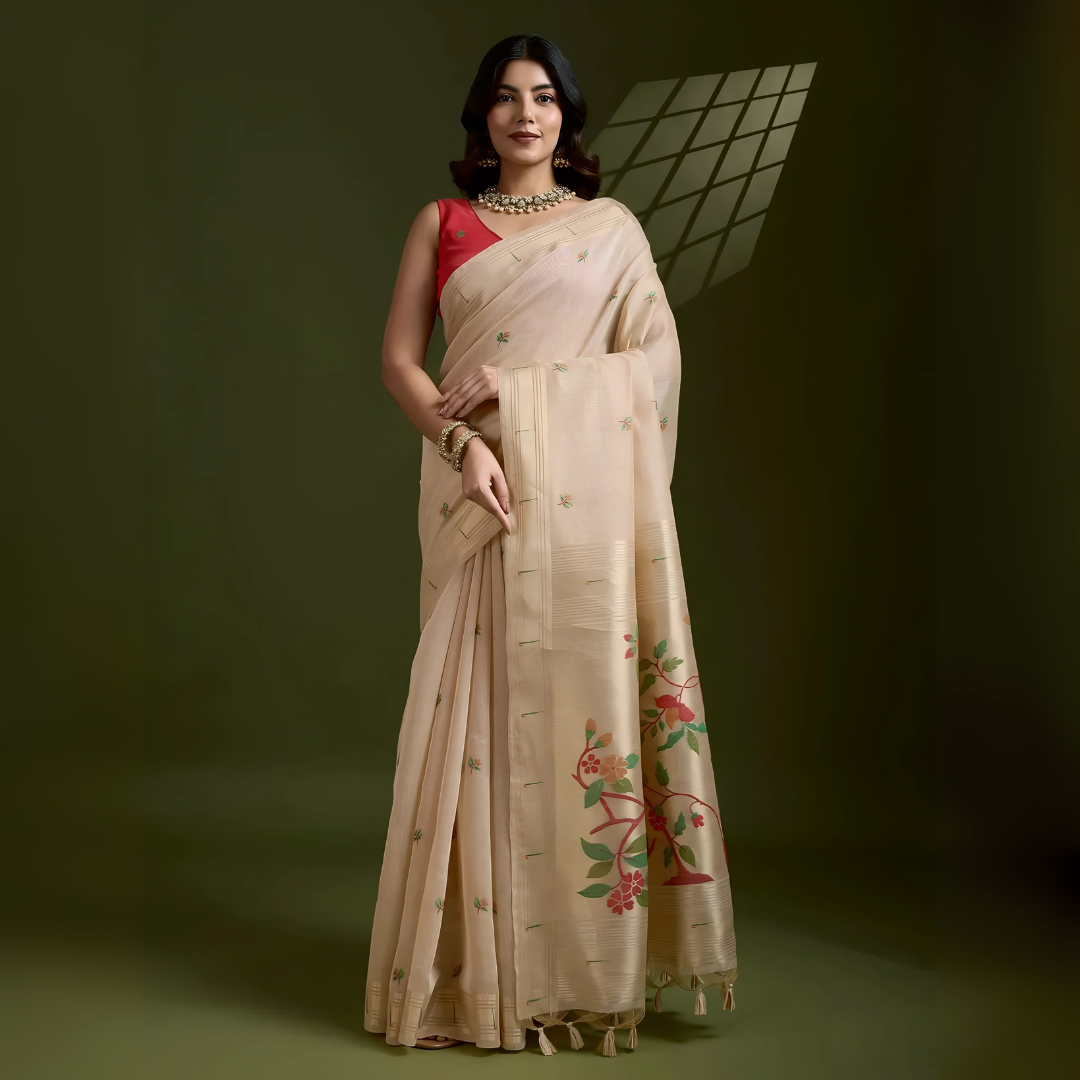 Beige Resham & Zari Weaving Soft Muga Cotton Saree