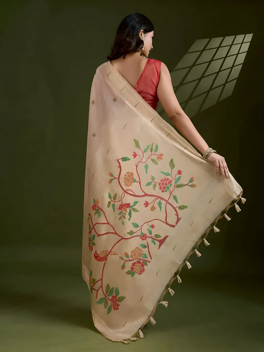 Beige Resham & Zari Weaving Soft Muga Cotton Saree