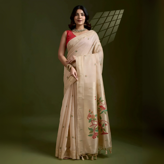 Beige Resham & Zari Weaving Soft Muga Cotton Saree