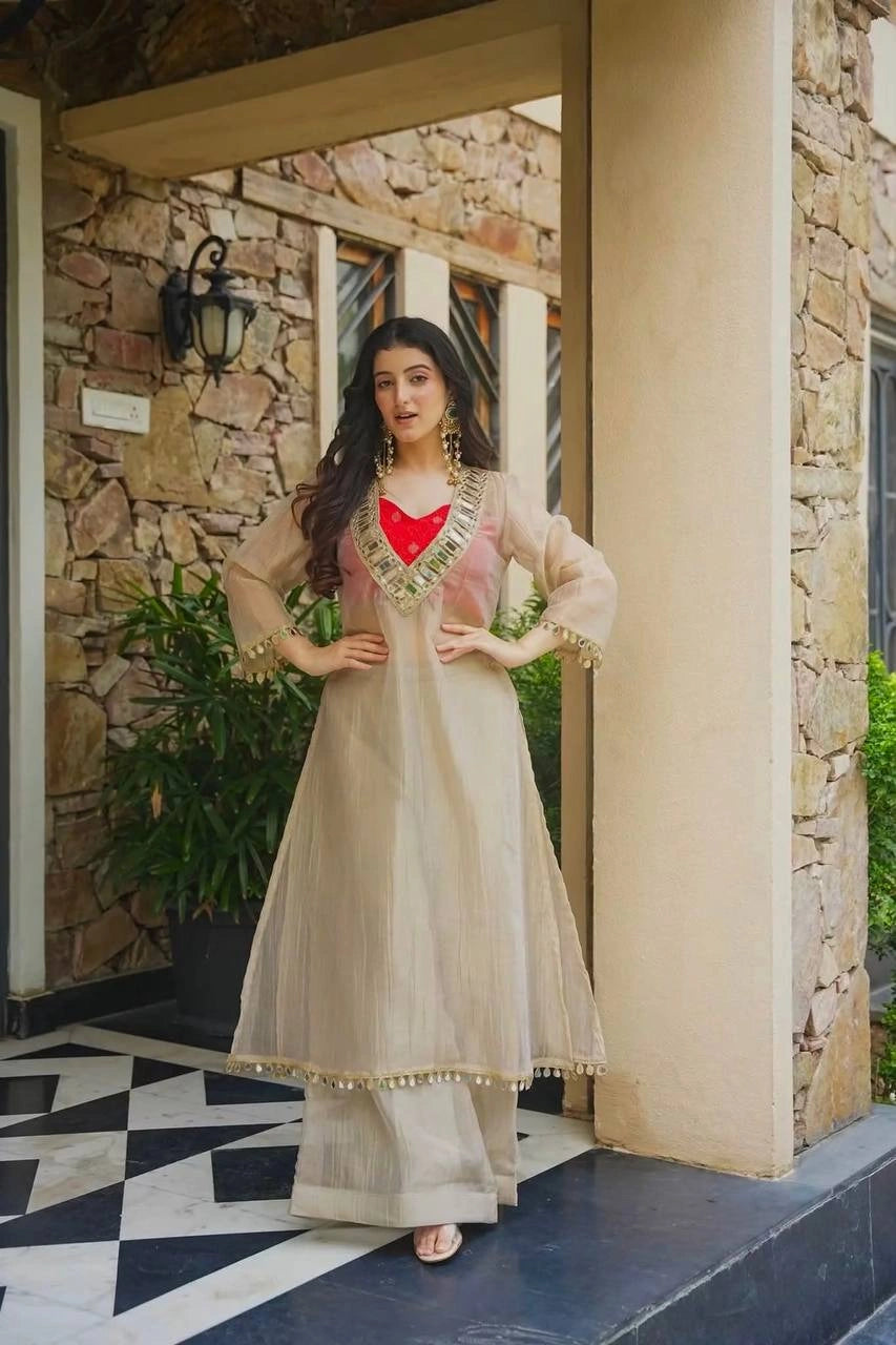 Beige Mirror Work Suit front full-length model hands on hips – Kalyanja KU293
