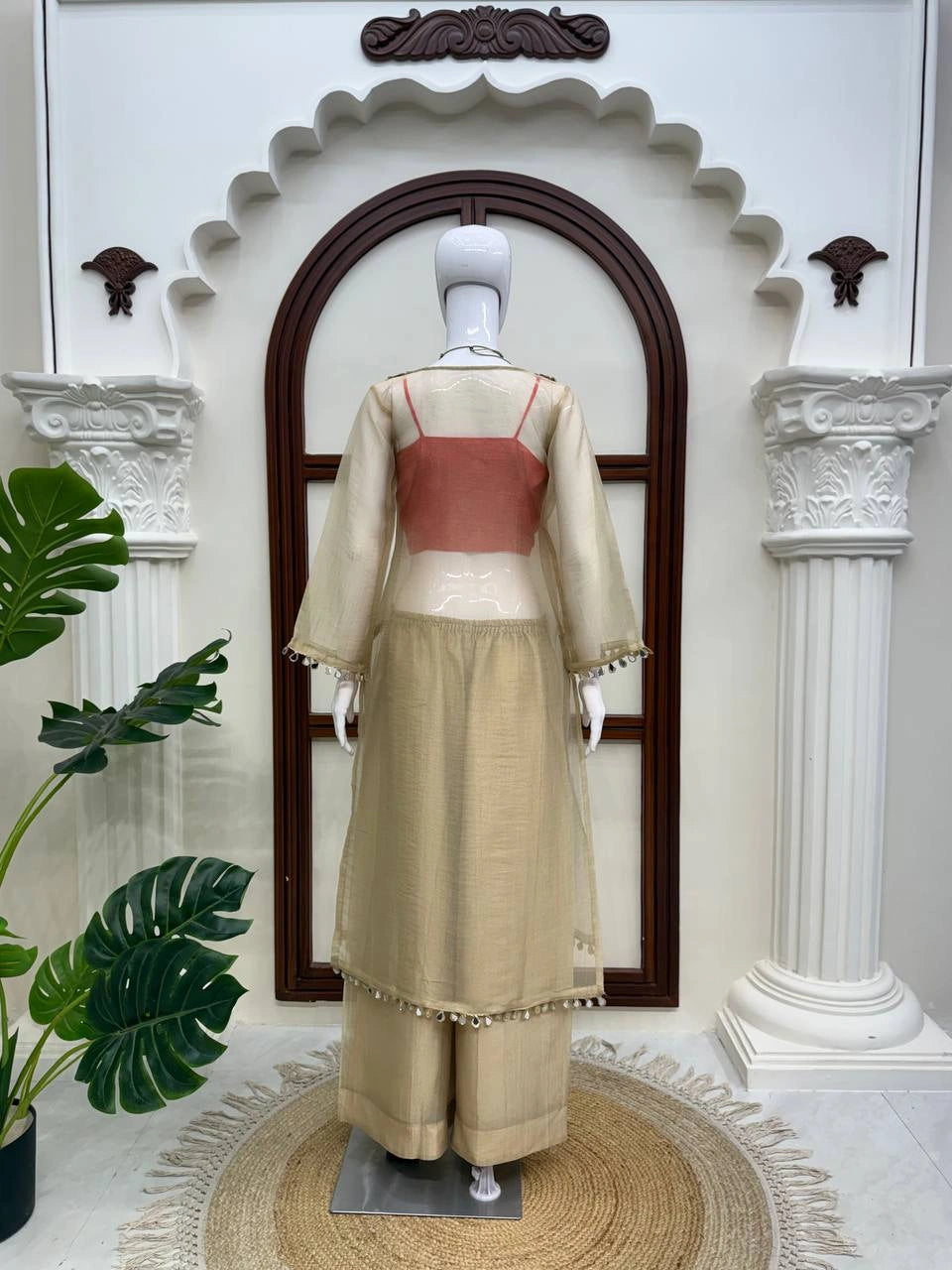 Beige Mirror Work Suit mannequin back view open sheer overlay – Kalyanja KU293