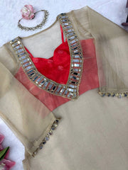 Beige Mirror Work Suit flat lay mirror neckline close-up detail – Kalyanja KU293