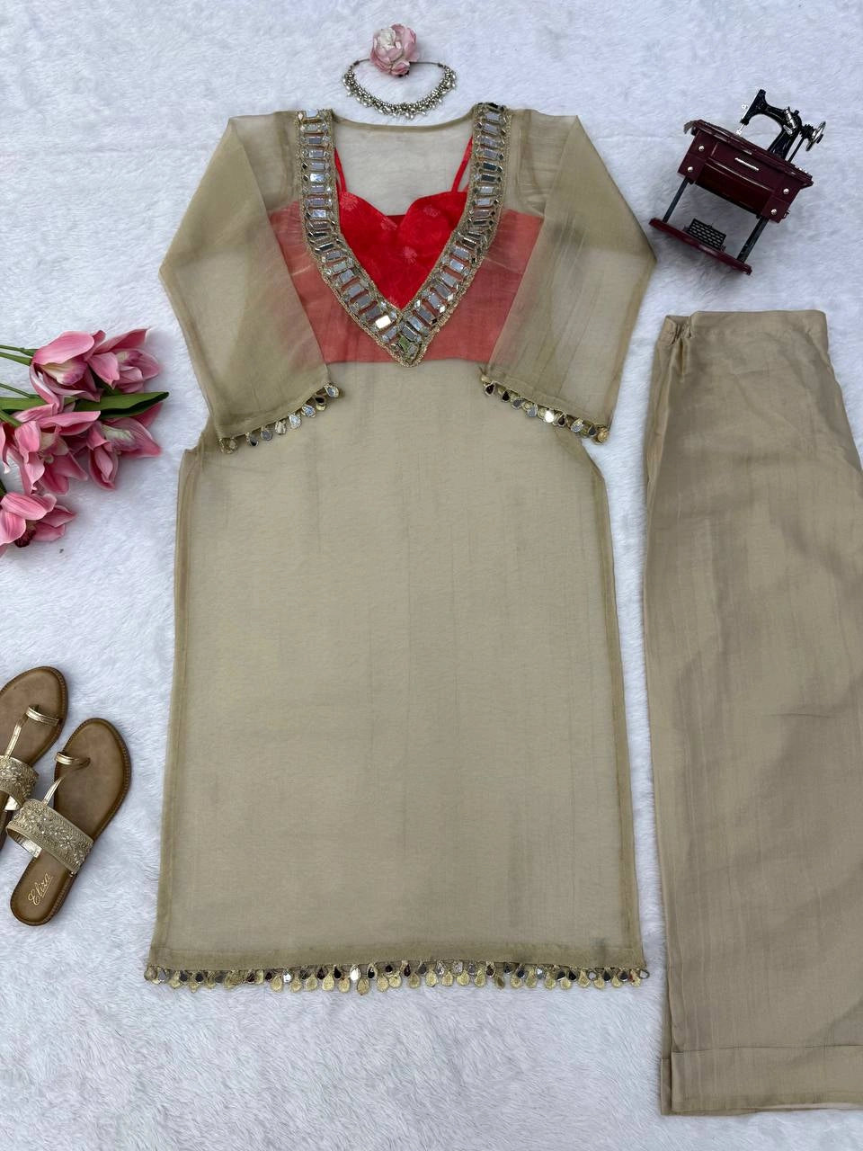 Beige Mirror Work Suit flat lay full set Top Palazzo Innertube – Kalyanja KU293