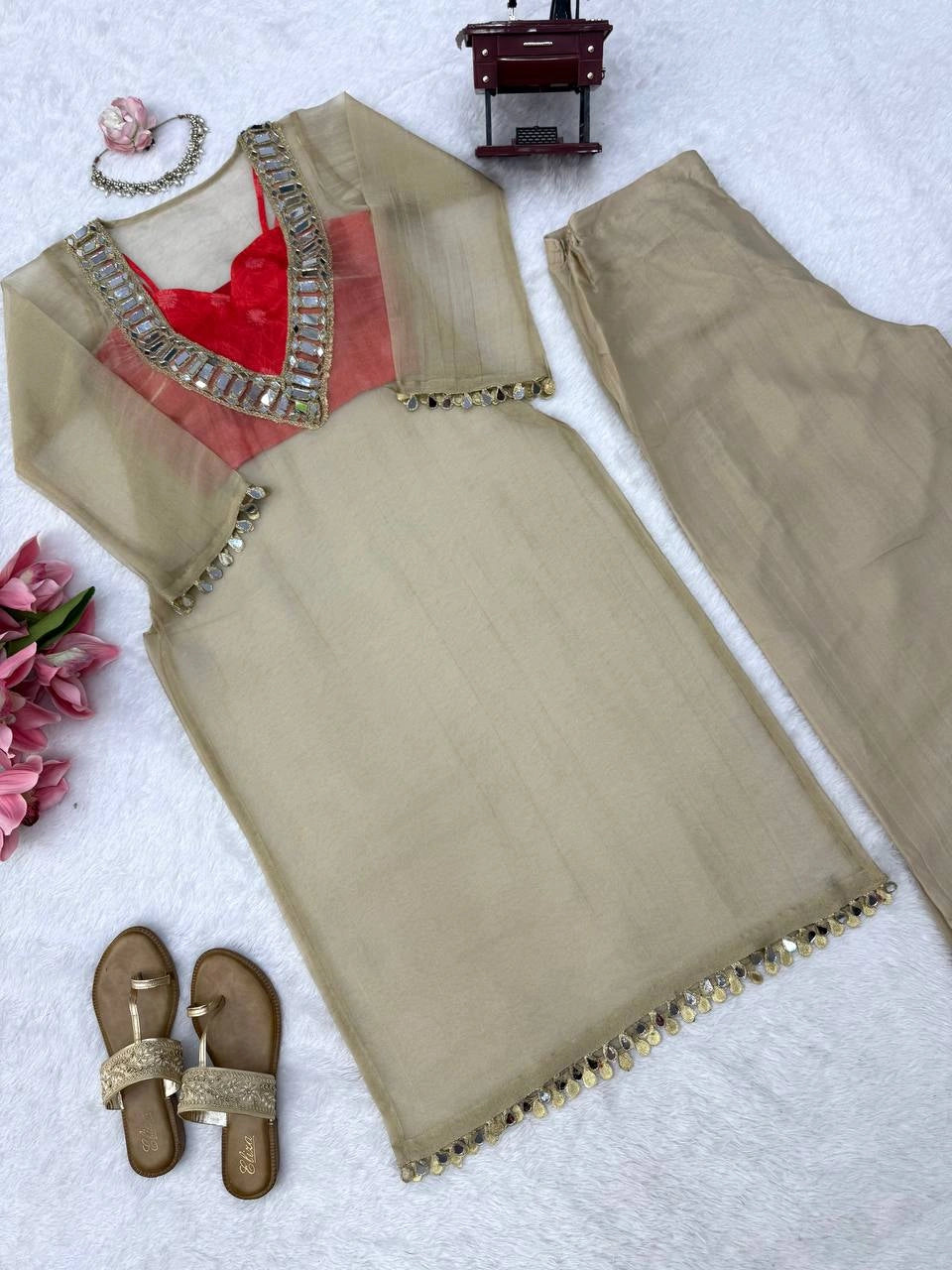 Beige Mirror Work Suit flat lay coin trim cuff detail – Kalyanja KU293